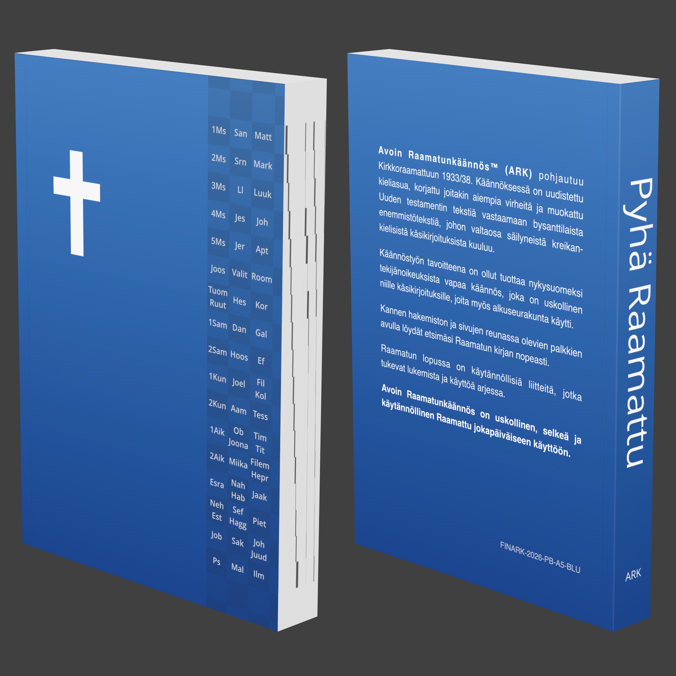 Sininen painettu Avoin Raamatunkäännös etukannesta