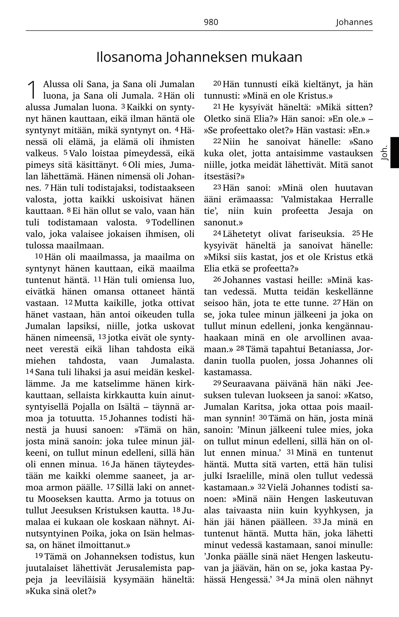 Näytesivu Johanneksen evankeliumista