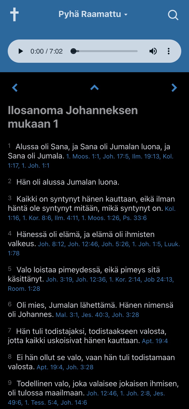 Avoin Raamatunkäännös sovelluksen kirjavalikko tummalla teemalla