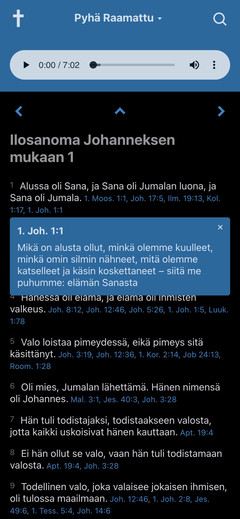 Avoin Raamatunkäännös sovelluksen lukunäkymä ja viitteet