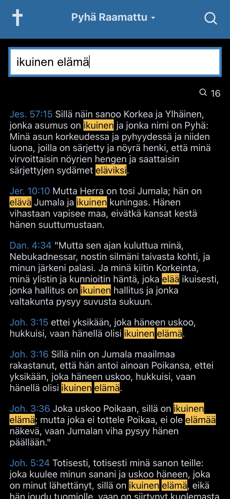 Avoin Raamatunkäännös sovelluksen hakunäkymä